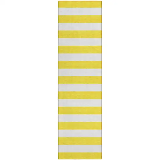 Yellow and White Striped Washable Indoor Outdoor Runner Rug Photo 2