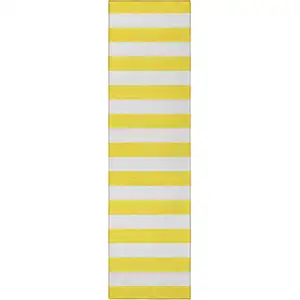 Photo of 8' Runner Yellow and White Striped Washable Non Skid Indoor Outdoor Runner Rug