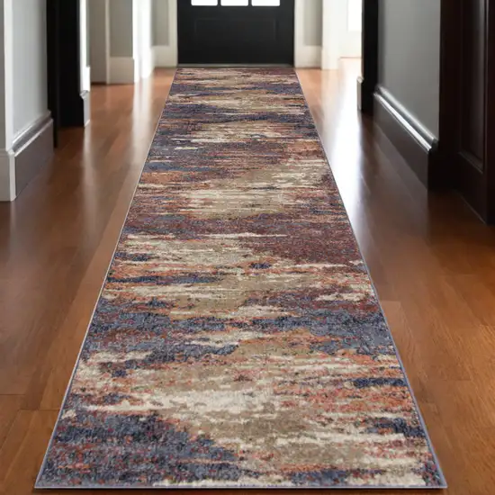 10' Ivory Rust and Blue Abstract Power Loom Runner Rug Photo 1