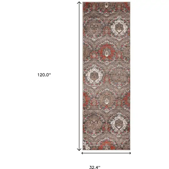 10' Rust And Gray Floral Stain Resistant Runner Rug Photo 5