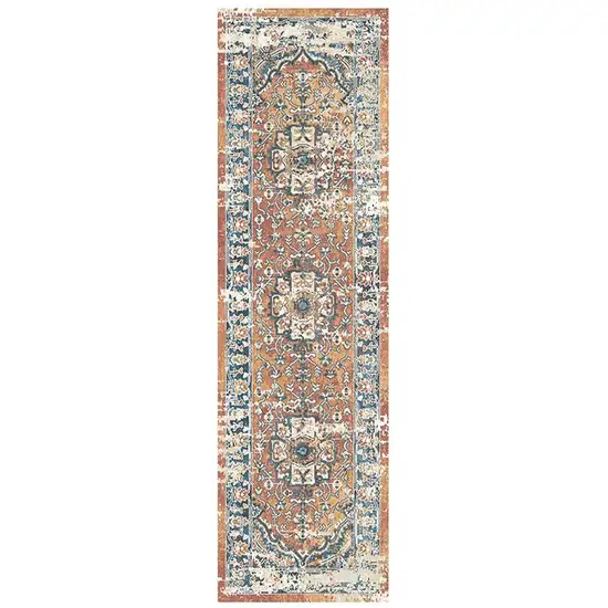 8' Rust Oriental Distressed Runner Rug With Fringe Photo 2