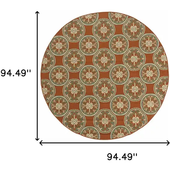 8' Rust Round Floral Stain Resistant Indoor Outdoor Area Rug Photo 4