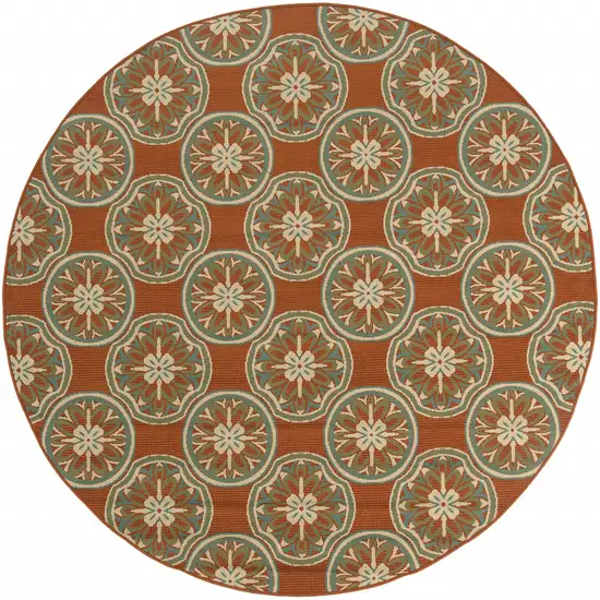 8' Rust Round Floral Stain Resistant Indoor Outdoor Area Rug Photo 1