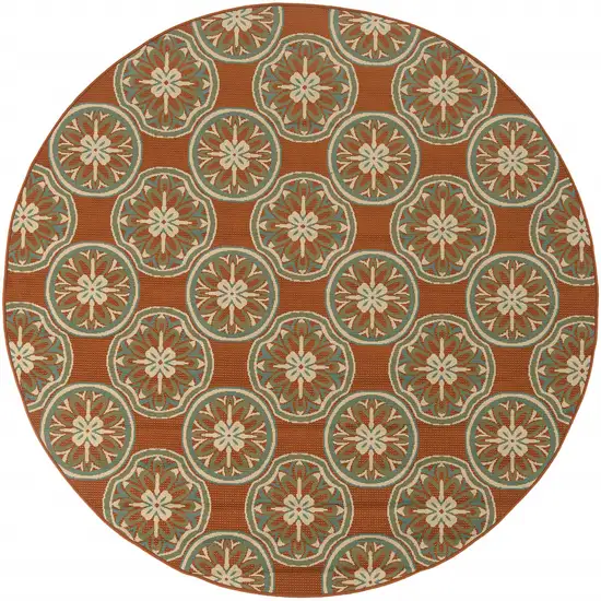 8' Rust Round Floral Stain Resistant Indoor Outdoor Area Rug Photo 2