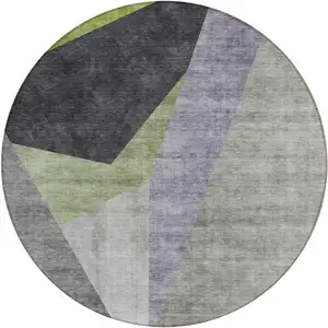 Photo of 8' Sage Green And Charcoal Round Abstract Washable Indoor Outdoor Area Rug