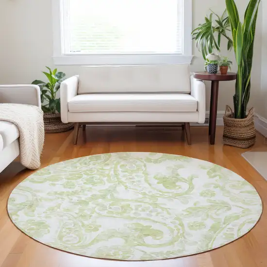 8' Sage Green And Ivory Round Paisley Washable Indoor Outdoor Area Rug Photo 7