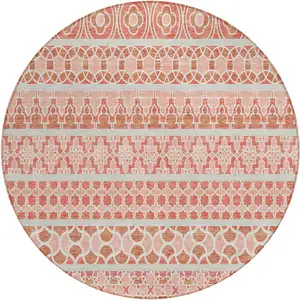 Photo of 8' Salmon Beige And Copper Round Quatrefoil Washable Indoor Outdoor Area Rug