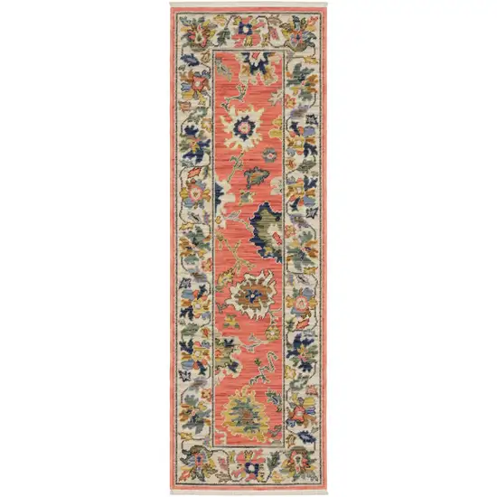 6' Salmon Blue And Yellow Oriental Runner Rug With Fringe Photo 2