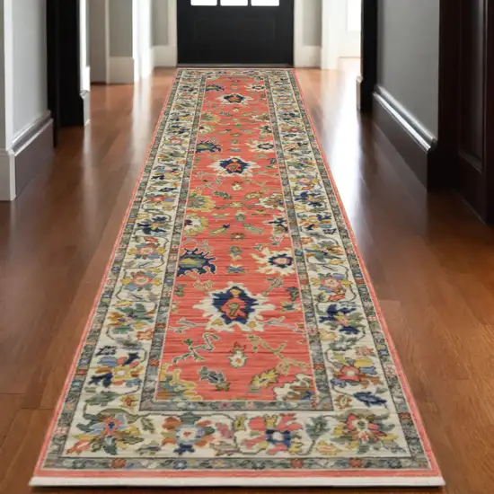 12' Salmon Blue And Yellow Oriental Runner Rug With Fringe Photo 1