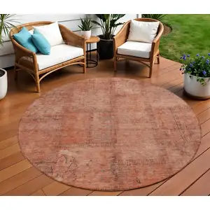 Photo of 8' Salmon Copper And Gray Round Patchwork Washable Indoor Outdoor Area Rug