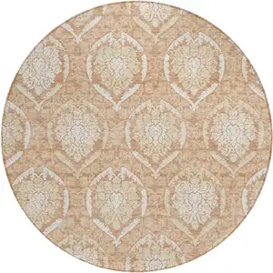 Photo of 8' Salmon Copper And Ivory Round Medallion Washable Indoor Outdoor Area Rug