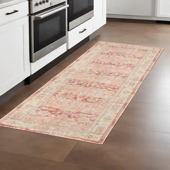 8' Salmon and Tan Floral Power Loom Runner Rug Photo 1