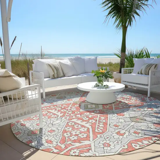 8' Salmon Gray And Taupe Round Floral Washable Indoor Outdoor Area Rug Photo 7