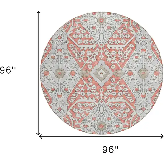 8' Salmon Gray And Taupe Round Floral Washable Indoor Outdoor Area Rug Photo 3