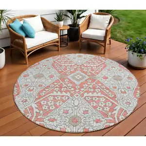 Photo of 8' Salmon Gray And Taupe Round Floral Washable Indoor Outdoor Area Rug