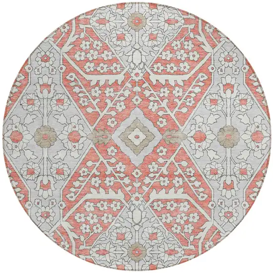 8' Salmon Gray And Taupe Round Floral Washable Indoor Outdoor Area Rug Photo 5