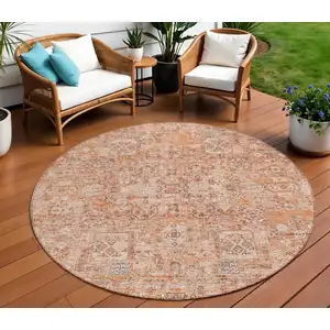 Photo of 8' Salmon Orange And Gray Round Floral Washable Indoor Outdoor Area Rug