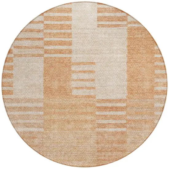 8' Salmon Peach And Ivory Round Striped Washable Indoor Outdoor Area Rug Photo 5