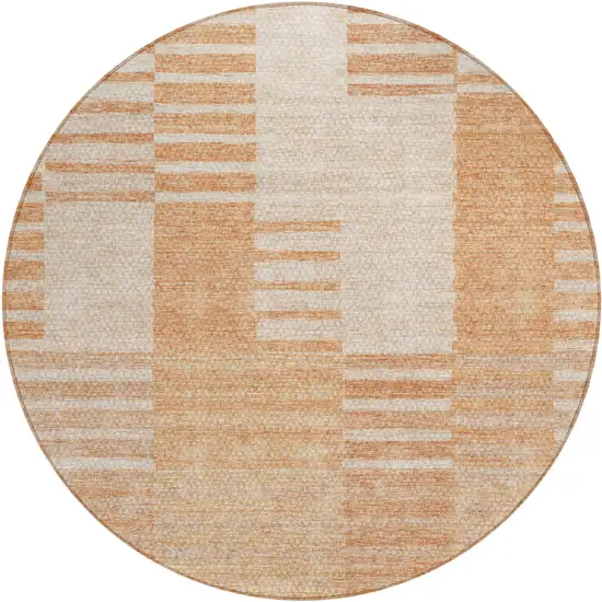 8' Salmon Peach And Ivory Round Striped Washable Indoor Outdoor Area Rug Photo 2