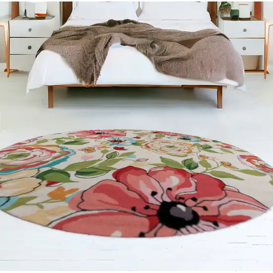 8' Sand Beige Hand Hooked Oversized Floral Round Indoor Area Rug Photo 2