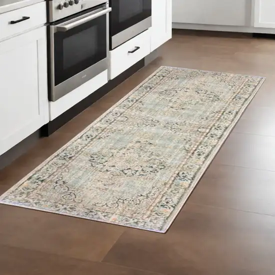 8' Green and Brown Medallion Power Loom Runner Rug Photo 1