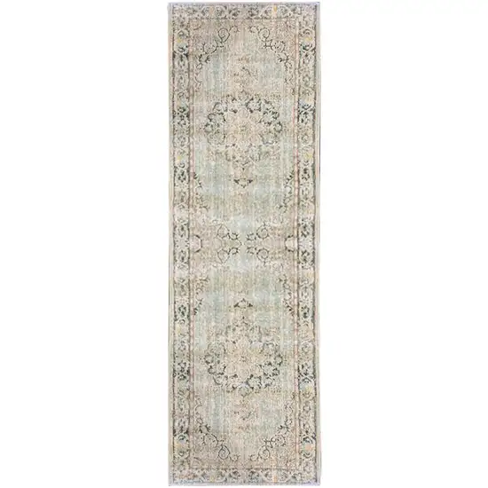 8' Sea Green Medallion Power Loom Runner Rug Photo 1