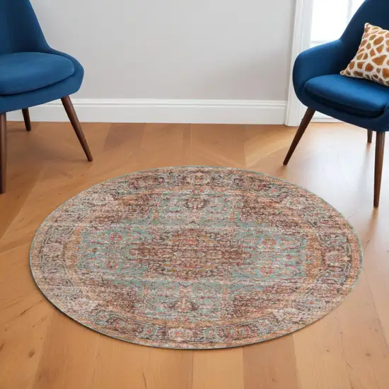 6' Teal Red and Orange Medallion Power Loom Round Rug Photo 1