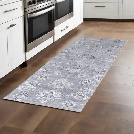 8' Black and Silver Floral Power Loom Distressed Non Skid Runner Rug Photo 1