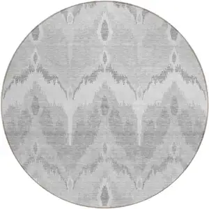 Photo of 8' Silver And Gray Round Ikat Washable Indoor Outdoor Area Rug