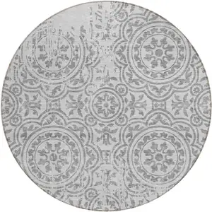 Photo of 8' Silver And Gray Round Medallion Washable Indoor Outdoor Area Rug