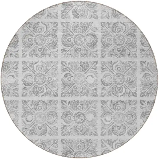 8' Silver And Gray Round Medallion Washable Indoor Outdoor Area Rug Photo 4