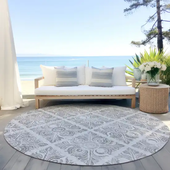 8' Silver And Gray Round Medallion Washable Indoor Outdoor Area Rug Photo 5