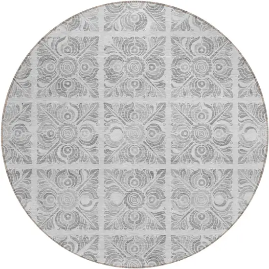 8' Silver And Gray Round Medallion Washable Indoor Outdoor Area Rug Photo 2