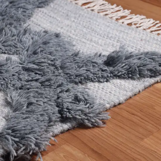 10' Silver And Grey Wool Geometric Flatweave Handmade Stain Resistant Runner Rug With Fringe Photo 6