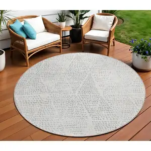 Photo of 8' Silver And Ivory Round Geometric Washable Indoor Outdoor Area Rug