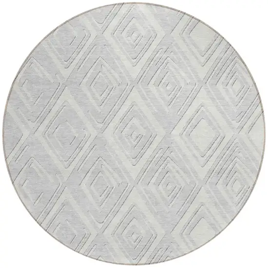 8' Silver And Ivory Round Geometric Washable Indoor Outdoor Area Rug Photo 7