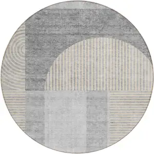 Photo of 8' Silver Gray And Beige Round Geometric Washable Indoor Outdoor Area Rug