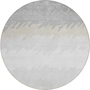 Photo of 8' Silver Gray And Beige Round Striped Washable Indoor Outdoor Area Rug