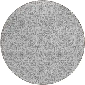 Photo of 8' Silver Gray And Charcoal Round Floral Washable Indoor Outdoor Area Rug