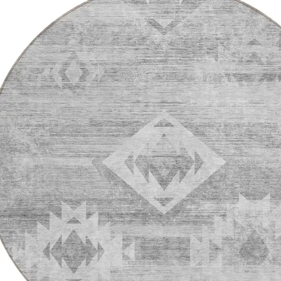 8' Silver Gray And Charcoal Round Southwestern Washable Indoor Outdoor Area Rug Photo 4