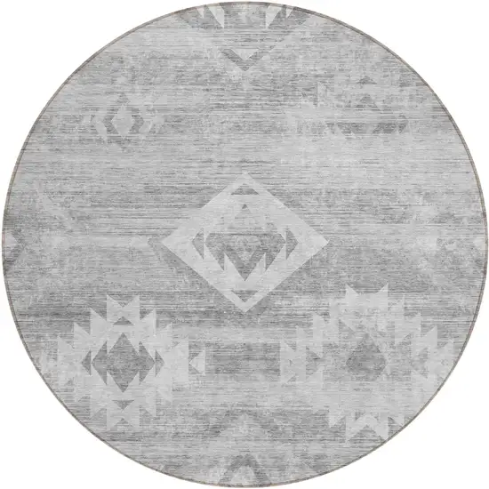 8' Silver Gray And Charcoal Round Southwestern Washable Indoor Outdoor Area Rug Photo 2