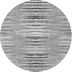 Photo of 8' Silver Gray And Charcoal Round Striped Washable Indoor Outdoor Area Rug