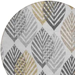 Photo of 8' Silver Gray And Gold Round Floral Washable Indoor Outdoor Area Rug