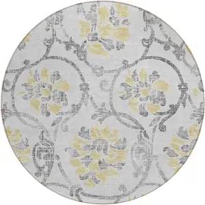 Photo of 8' Silver Gray And Gold Round Floral Washable Indoor Outdoor Area Rug