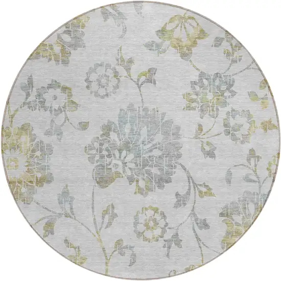 8' Silver Gray And Gold Round Floral Washable Indoor Outdoor Area Rug Photo 2