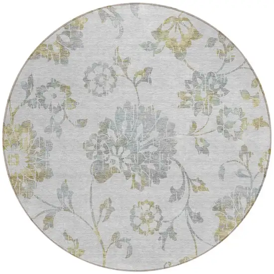 8' Silver Gray And Gold Round Floral Washable Indoor Outdoor Area Rug Photo 5