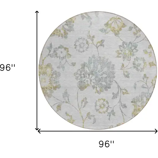 8' Silver Gray And Gold Round Floral Washable Indoor Outdoor Area Rug Photo 3