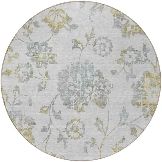 8' Silver Gray And Gold Round Floral Washable Indoor Outdoor Area Rug Photo 6