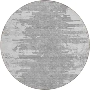 Photo of 8' Silver Gray And Ivory Round Abstract Washable Indoor Outdoor Area Rug