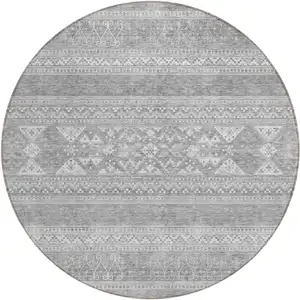 Photo of 8' Silver Gray And Ivory Round Southwestern Washable Indoor Outdoor Area Rug